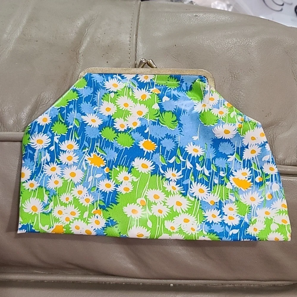 Vintage Womens‎ Purse Clutch Cosmetic Bag Blue/W Daisies Goldtone Kiss Lock EUC
